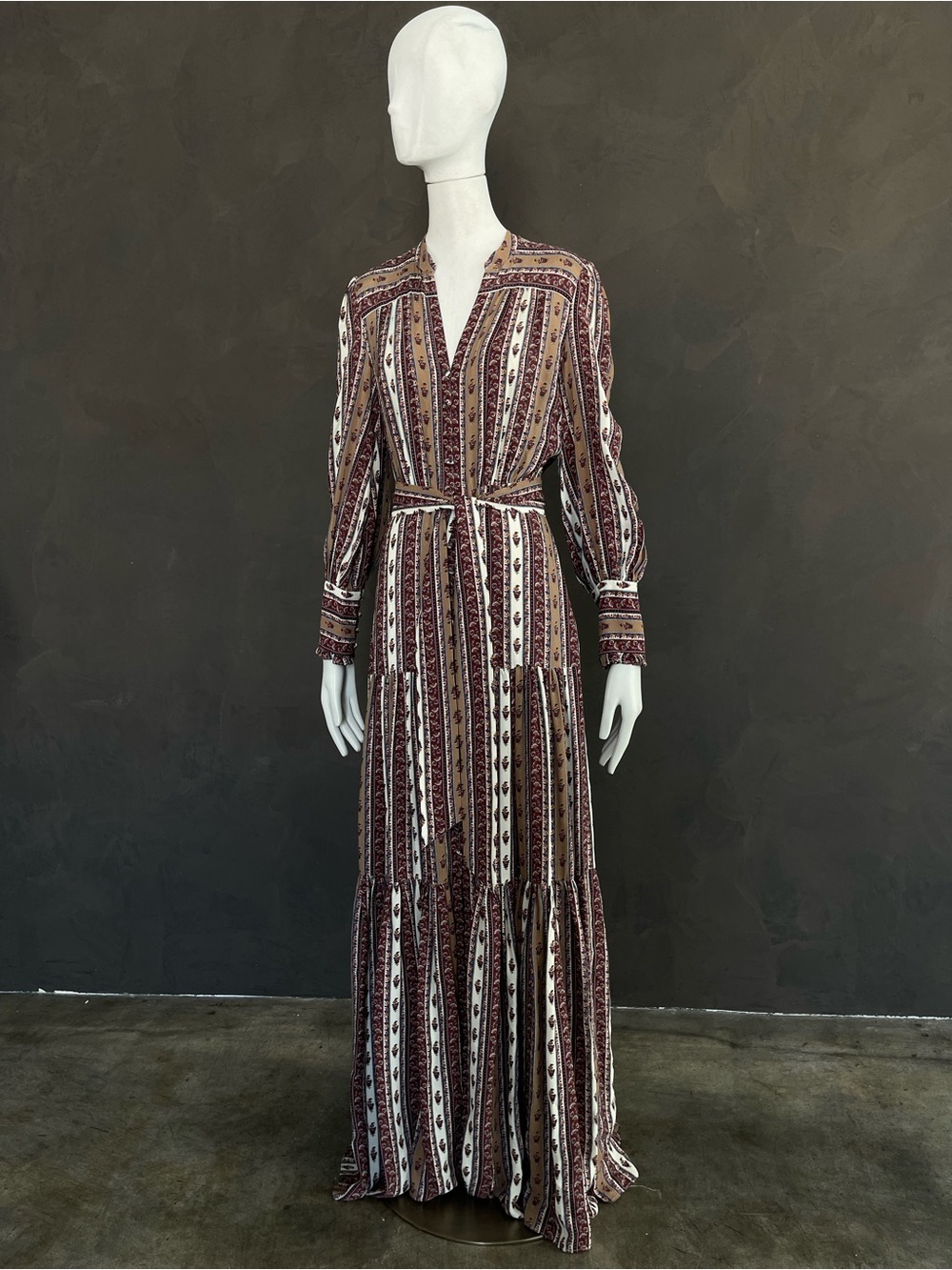 Veronica Beard Maidens Ecru Floral Stripe Belted Tiered Maxi Dress